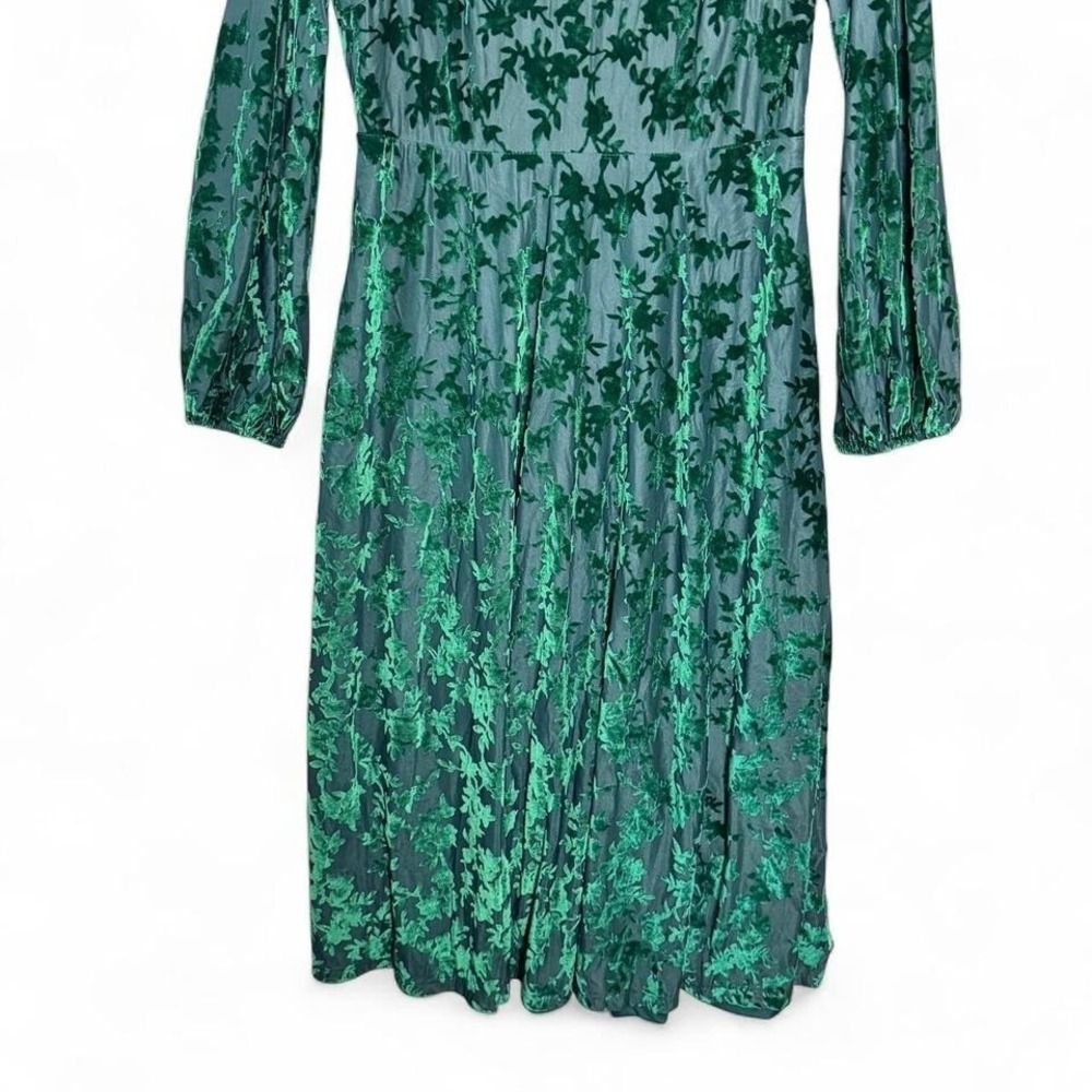 Emerald Green Velvet Burnout Midi Dress Sz L Whimsigoth Fairy Formal Floral - Picture 6 of 7